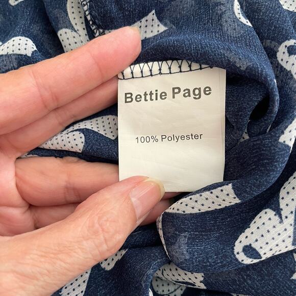 Bettie Page Las Vegas XL 10 Navy Blue & White Bow 40s Style Day Dress - Picture 10 of 13